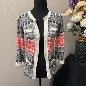 Aubergene Knit Cardigan S Black Coral Aztec Print Open Front 3/4 Sleeve Sweater